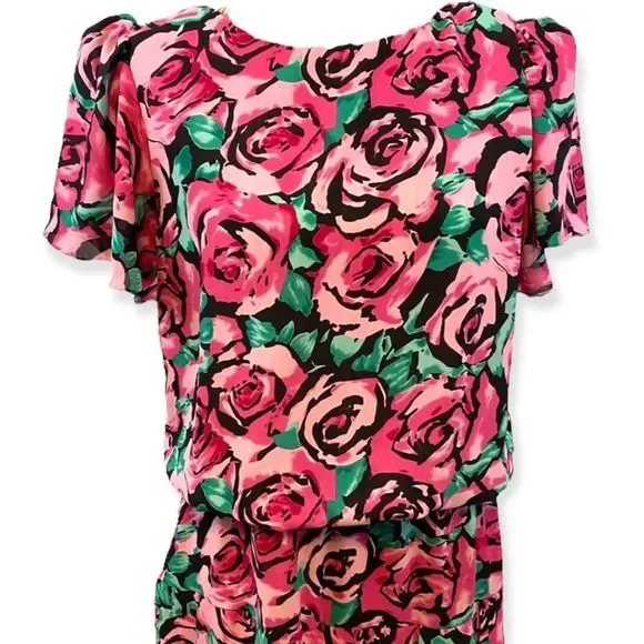 Vintage 80s Dress Black & Pink Midi Floral Roses Size 14 - Picture 2 of 6